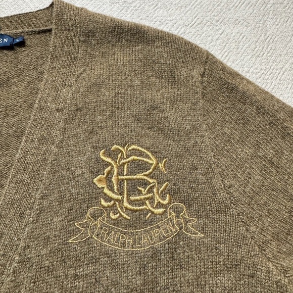 VTG Ralph Lauren Olive Green Wool Angora Vneck Crest Cardigan Sweater L Preppy - Picture 5 of 6